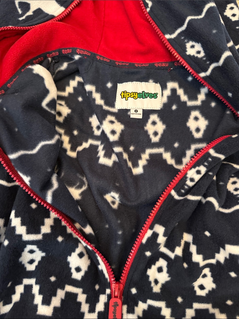 Tipsy Elves Navy and White Reindeer Fleece Onesie with Red Trim - Size S